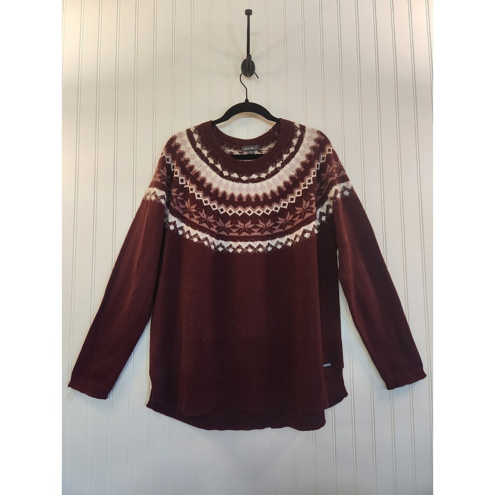 Eddie Bauer Womens XL Fair Isle Snowflake Sweater Burgundy Knit Crewneck Cozy
